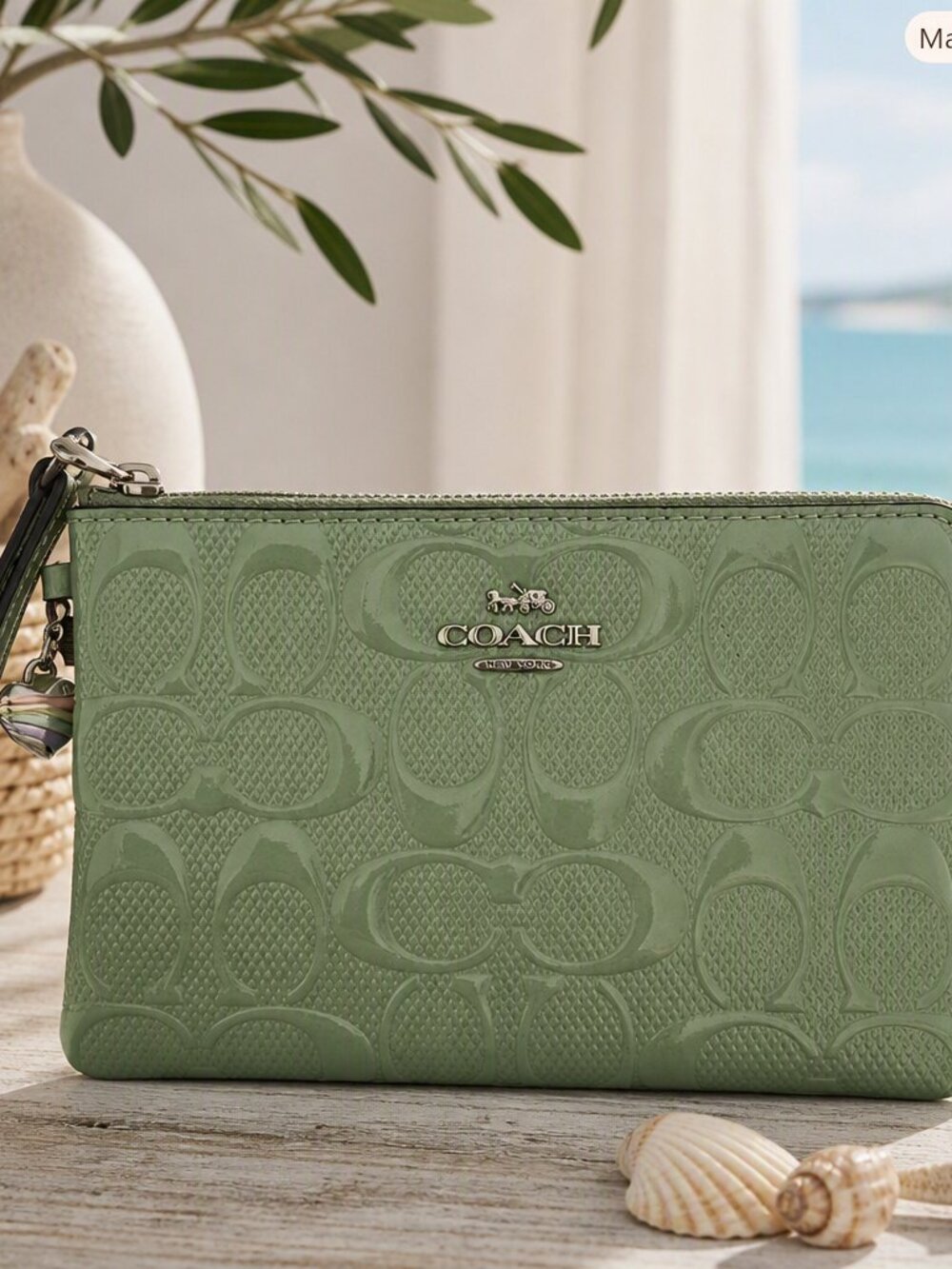 Coach Pale Green Patent Signature Zip Wristlet NWT